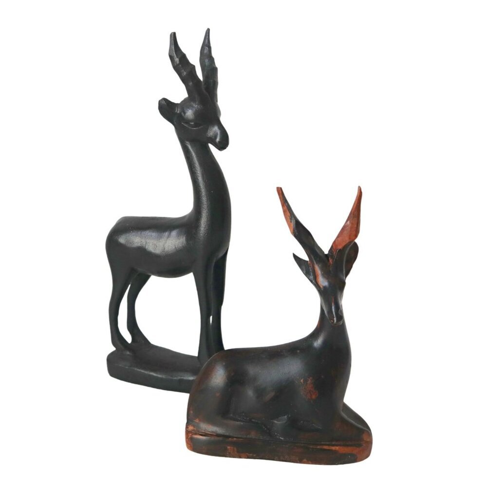 2 Hand Carved Ebony & Wood Antelope Sculpture Figurines Set